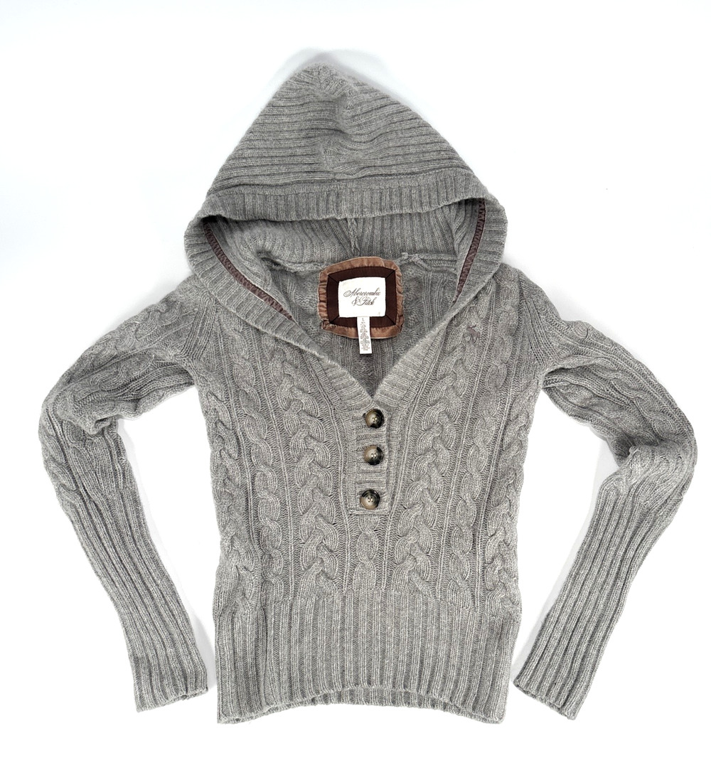 Y2K Abercrombie Fitch Gray Cable Knit Hoodie Sweater LARGE Wool Cashmere Hooded